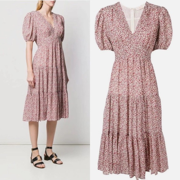 Tory Burch Floral Tiered Cotton-Silk Short Sleeve Midi Dress size 4 - Picture 2 of 8
